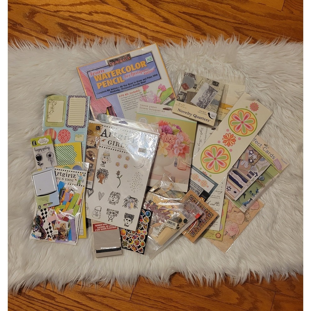 Crafters Lot Scrapbook Stickers Stamps Card‎ Making Kit Watercolor Pencil